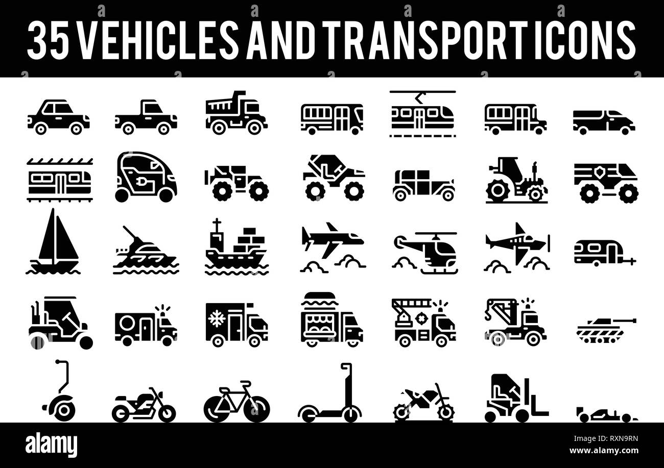 35 Fahrzeug und Verkehr feste Symbole, Zeichen und Symbole. Pixel Perfect Icon base auf 64 px Stock Vektor