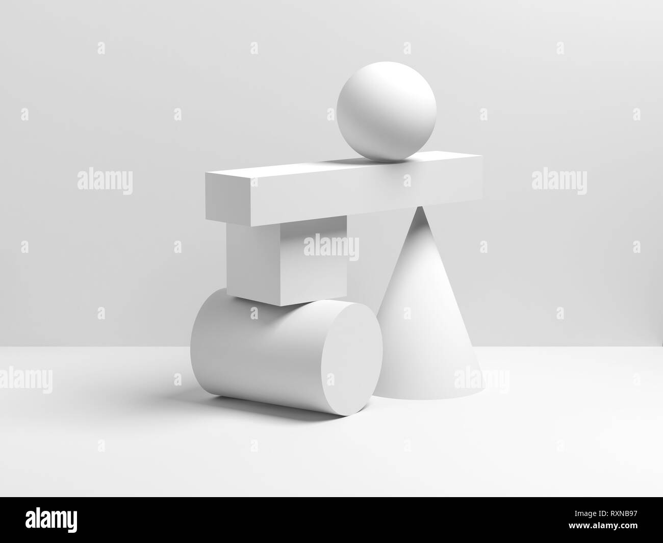 Abstrakte weißen Gleichgewicht noch leben Installation mit einfachen geometrischen Formen. 3D-Render Abbildung Stockfoto