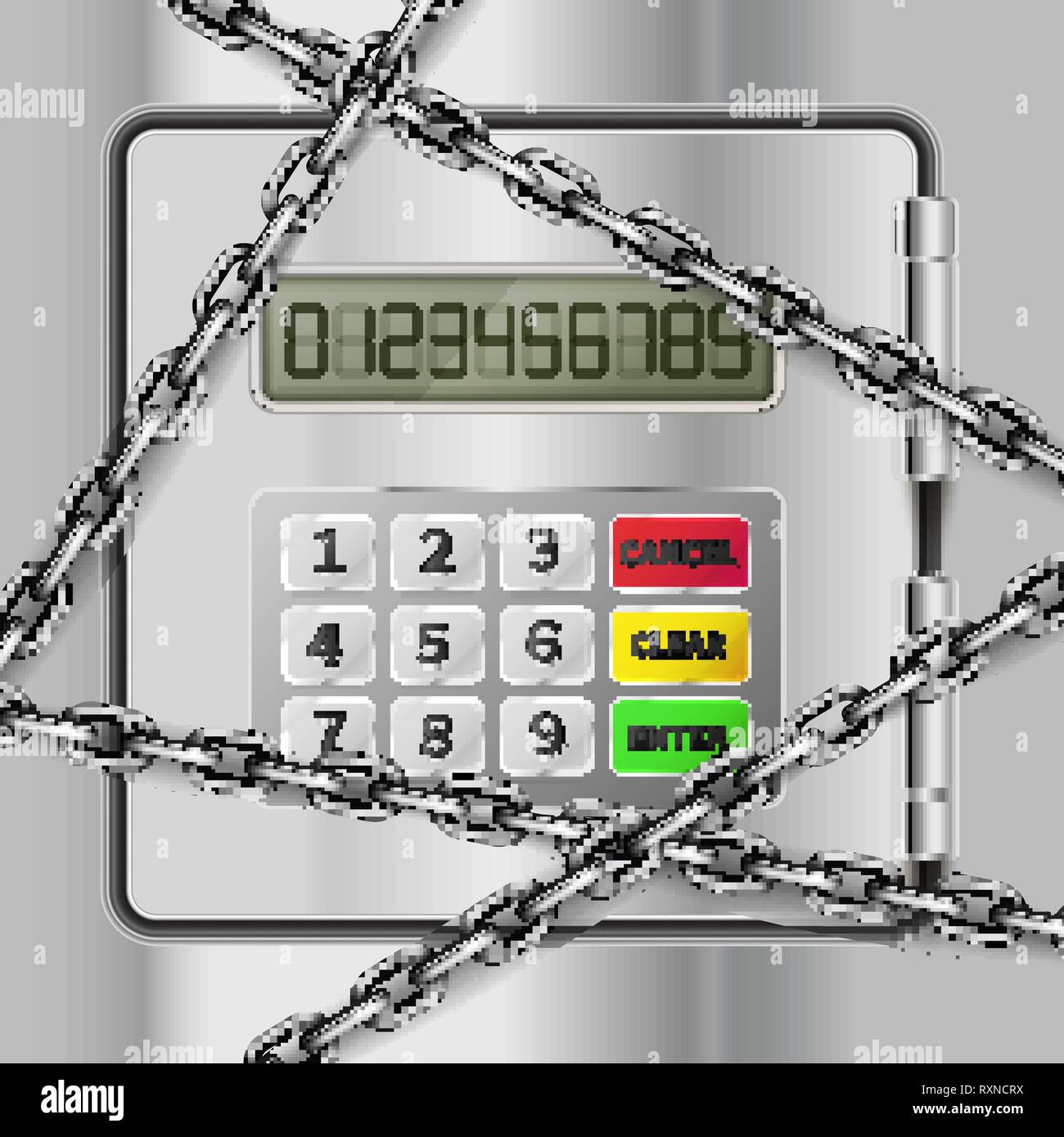 Realistische sicher aus hell glänzendem Metall Stahl mit elektronischem Schloss, code Panel und viel Silber gekreuzten Ketten Stock Vektor