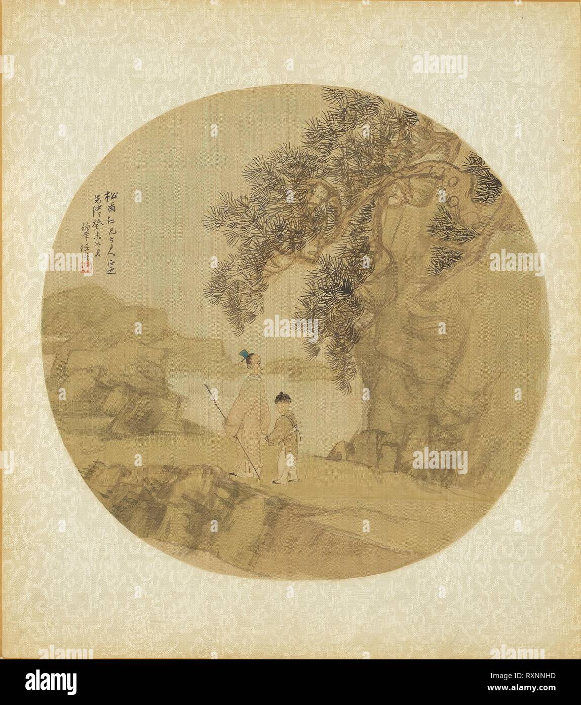 Landschaft mit Figuren. Ren Yi (?? ); Chinesisch, 1840-1895. Datum: 1883. Abmessungen: Malerei: 28,3 × 29 cm (11 1/8 x 11 5/6 in.) Album Leaf: 30,5 × 36,2 cm (12 x 14 1/4 in.). Tinte und helle Farbe auf Seide. Herkunft: China. Museum: Das Chicago Art Institute. Stockfoto