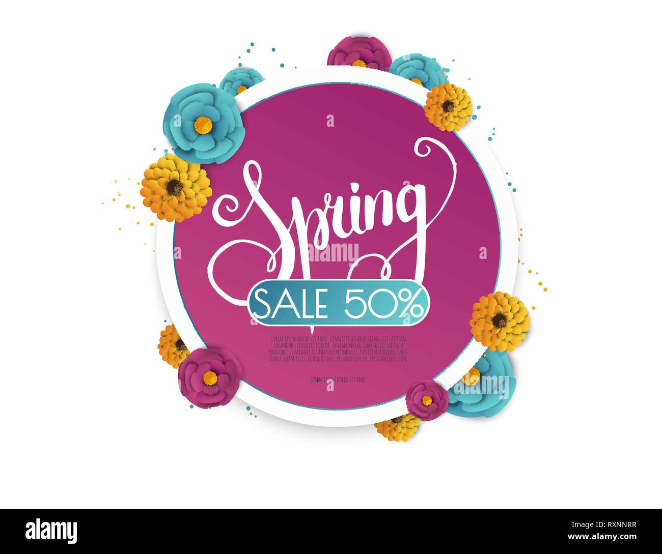 Frühling Verkauf Banner mit Papier Blumen auf einem weißen Hintergrund. Stock Vektor