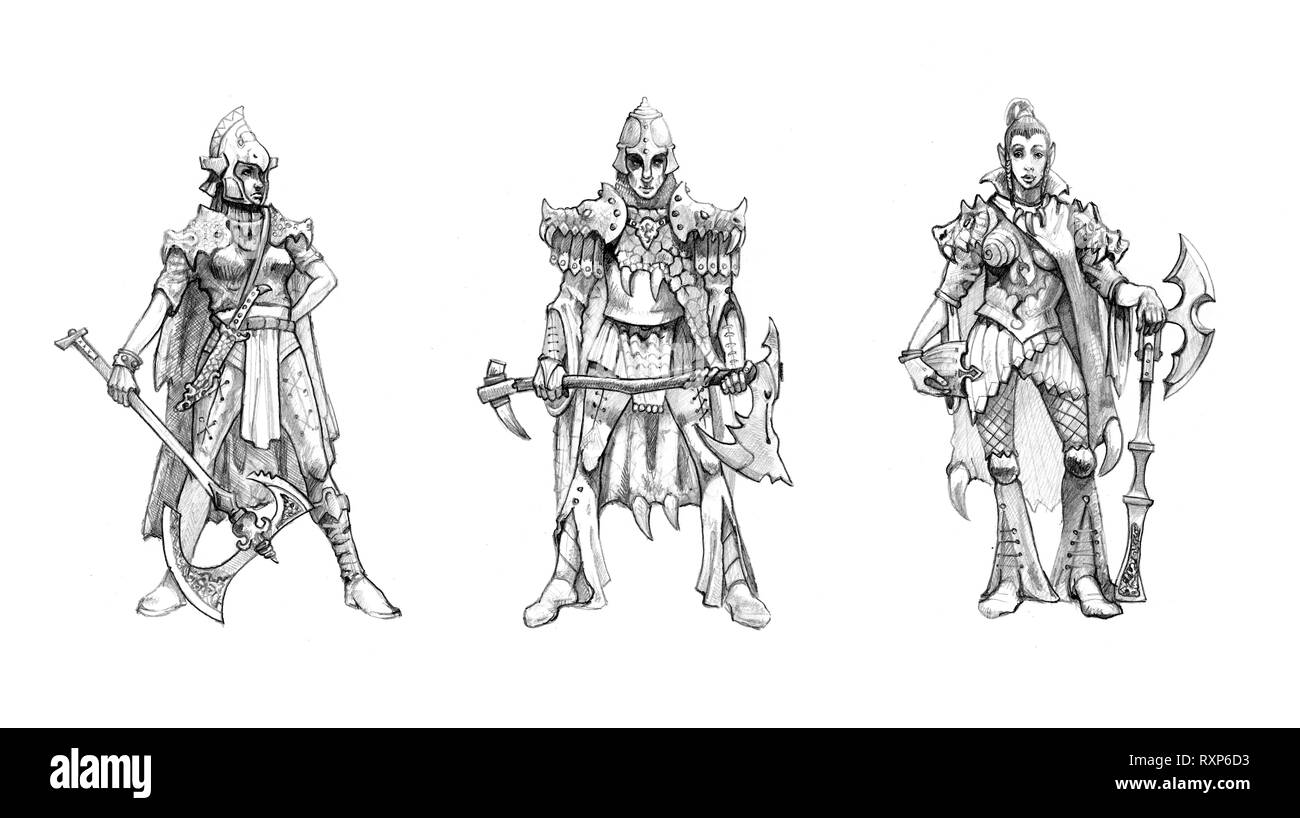 Elf Warrior. Set mit 3 Zeichnungen. Fantasy Elfen Krieger. Stockfoto