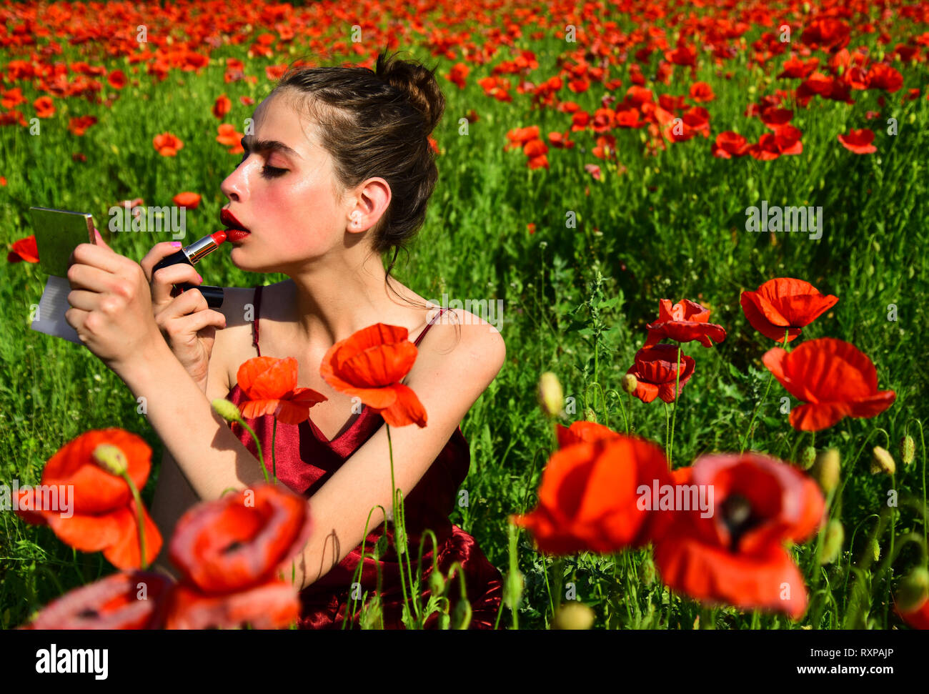 Schönheit Frau. Schönes Modell Mädchen mit Mohn. Stockfoto