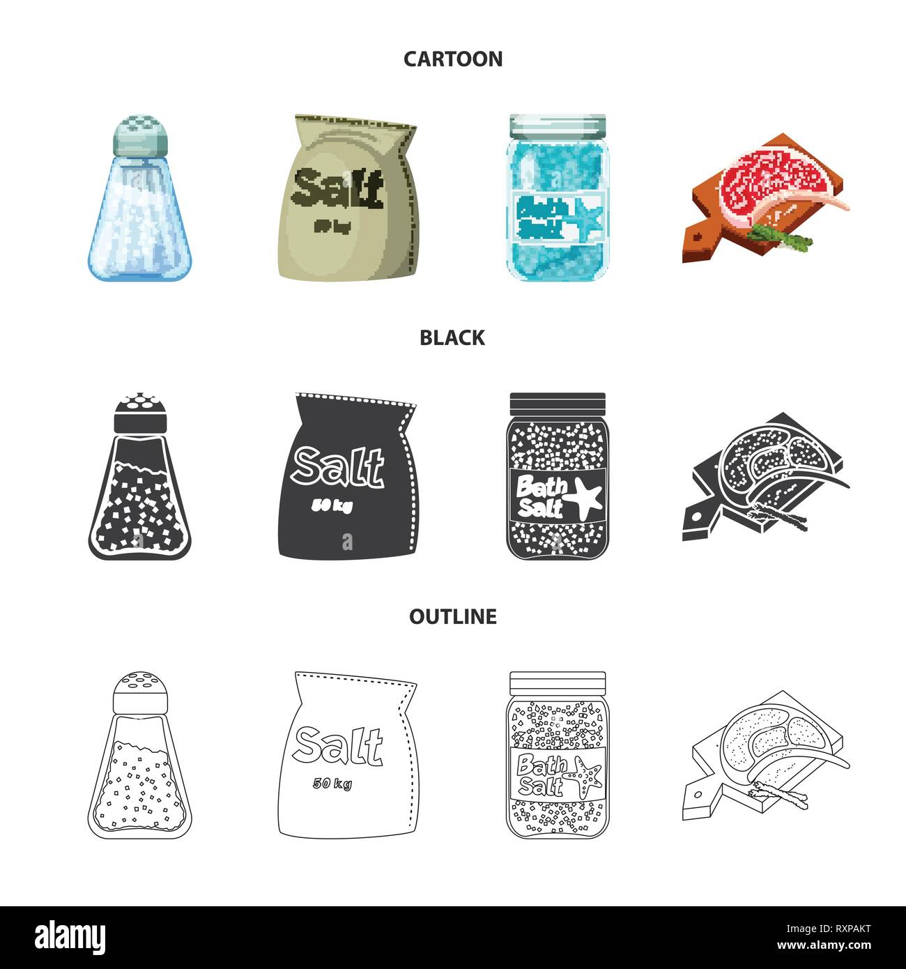 Salzfass, Tasche, Flasche, Fleisch, Gewürze, salzig, Brett, Badewanne, Glas, Pulver, Spa, Restaurant, weiße, Vintage, Streuen, Getreide, Mehl, Container, sauber, Picknick, kochen, Meer, Natur, Backen, Salz, Nahrungsmittel-, Natrium-, Mineral, Raw, Küche, Set, Vector, Icon, Illustration, isoliert, Sammlung, Design, Element, Grafik, Zeichen, Vektor, Vektoren, Stock Vektor