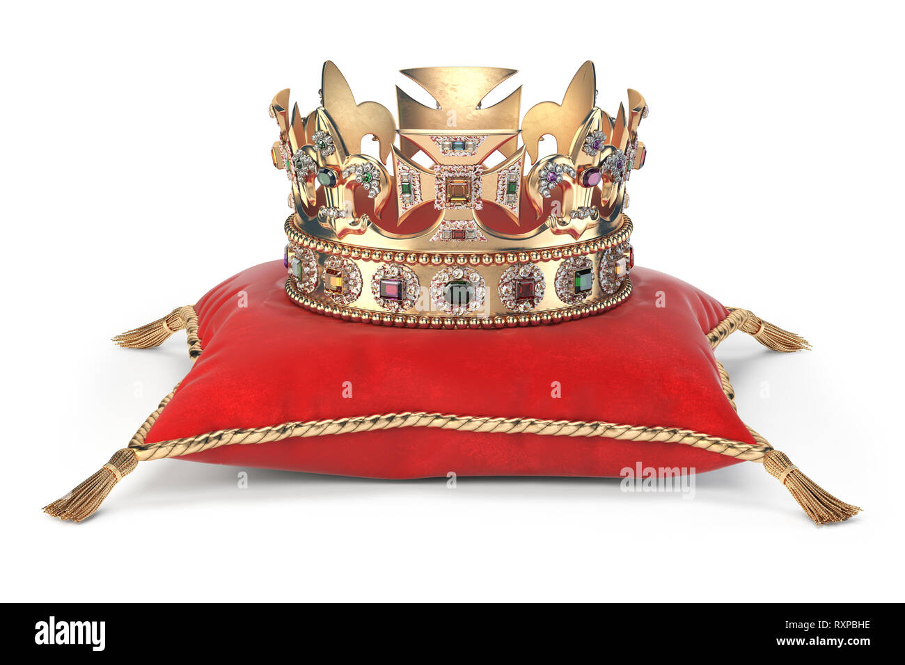 Goldene Krone mit Juwelen auf rotem Samt Kissen für Krönung isoliert auf Weiss. 3D-Darstellung Stockfoto