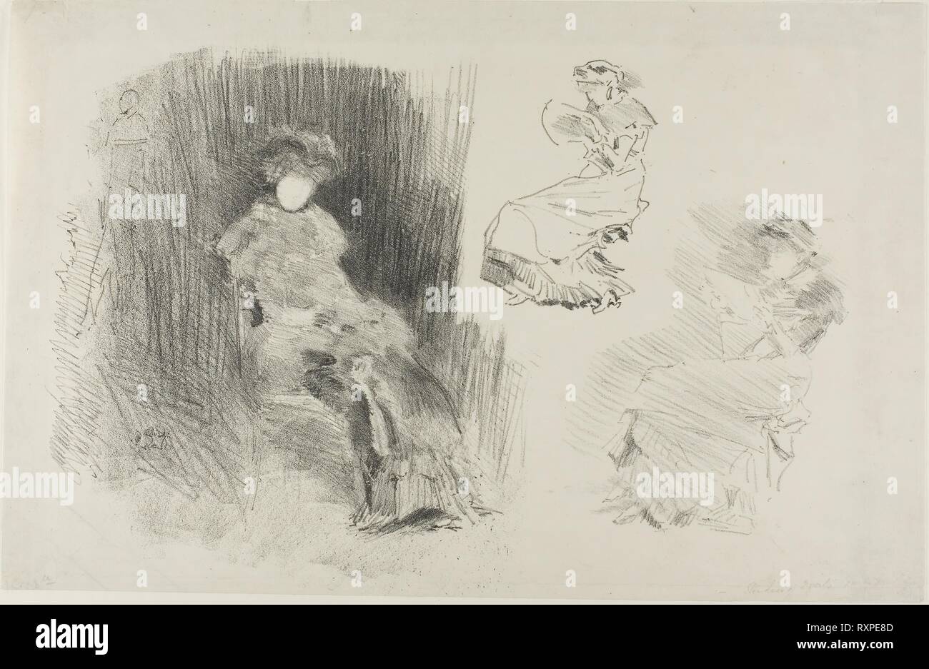 Lesen. James McNeill Whistler; American, 1834-1903. Datum: 1879-1887. Abmessungen: 253 x 365 mm (Bild); 272 x 418 mm (Blatt). Lithographie, in schwarzer Tinte, mit Kratzen, auf Elfenbein japanische Papier. Herkunft: USA. Museum: Das Chicago Art Institute. Stockfoto