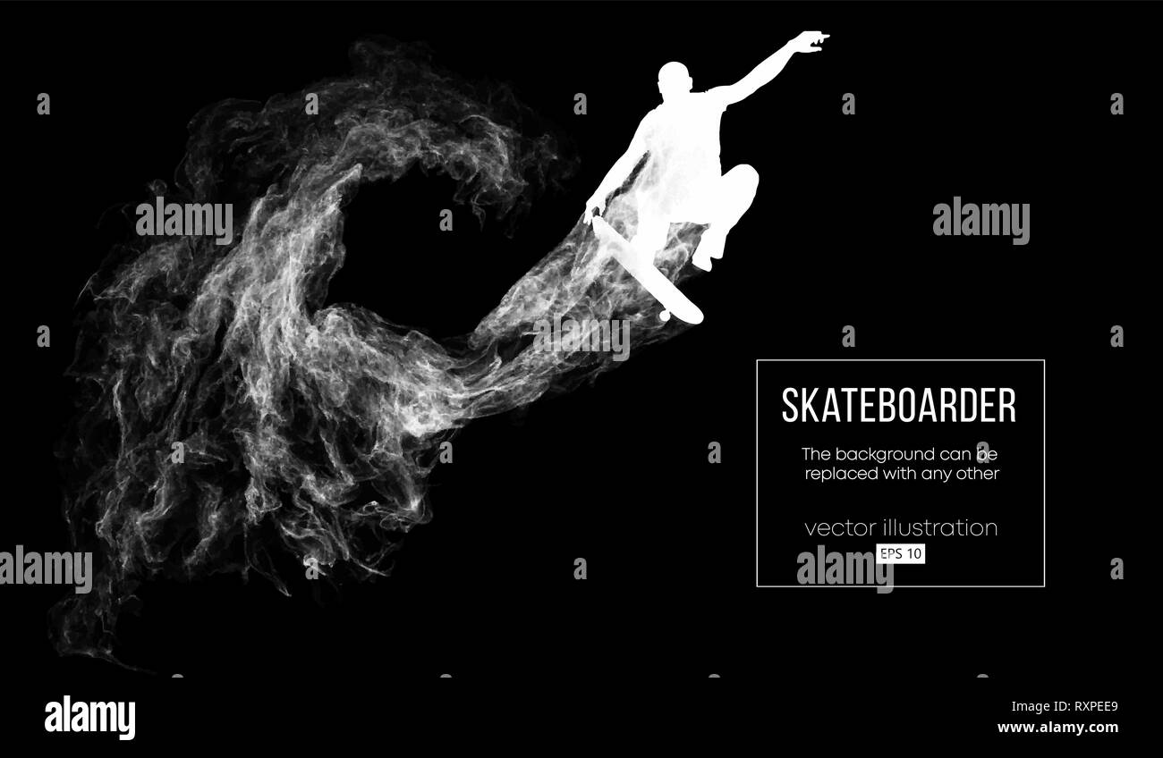 Abstrakte Silhouette einer Skateboarder auf der dunklen schwarzen Hintergrund. Skateboarder springt und führt den Trick. Vektor Stock Vektor