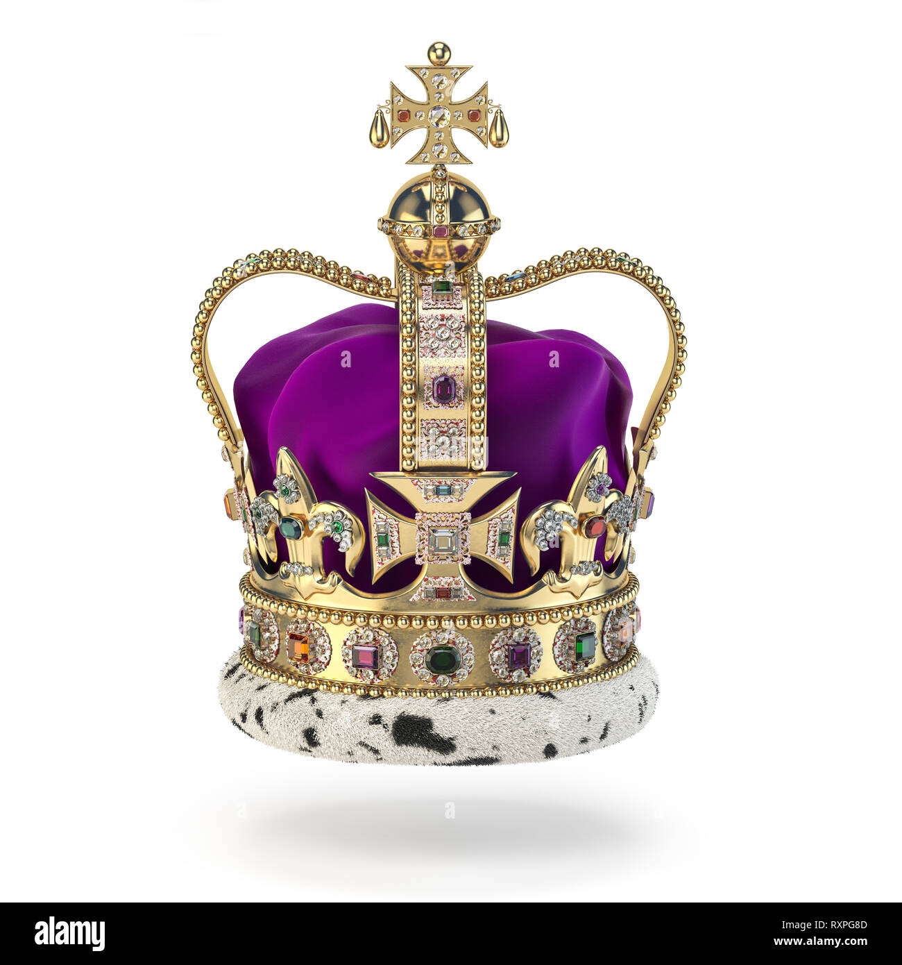 Englisch goldene Krone mit Juwelen isoliert auf Weiss. Royal Symbol der britischen Monarchie. 3D-Darstellung Stockfoto
