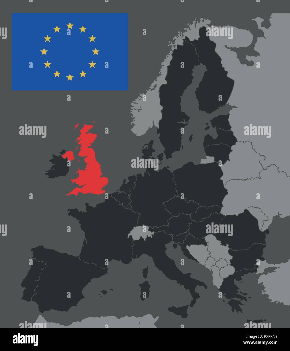 Vektor Europakarte mit Mitgliedstaaten der Europäischen Union ohne Vereinigtes Königreich in Rot hervorgehoben Stock Vektor