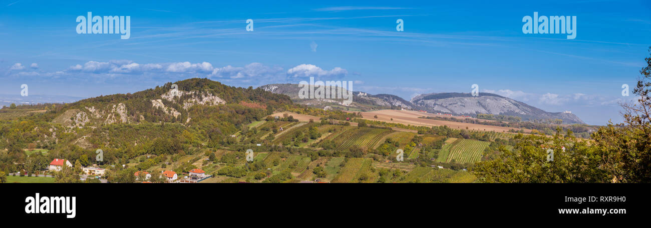 Malerische, alte historische Stadt Mikulov mit einer Burg und Weinberge um, Südmähren, Tschechische Republik Stockfoto