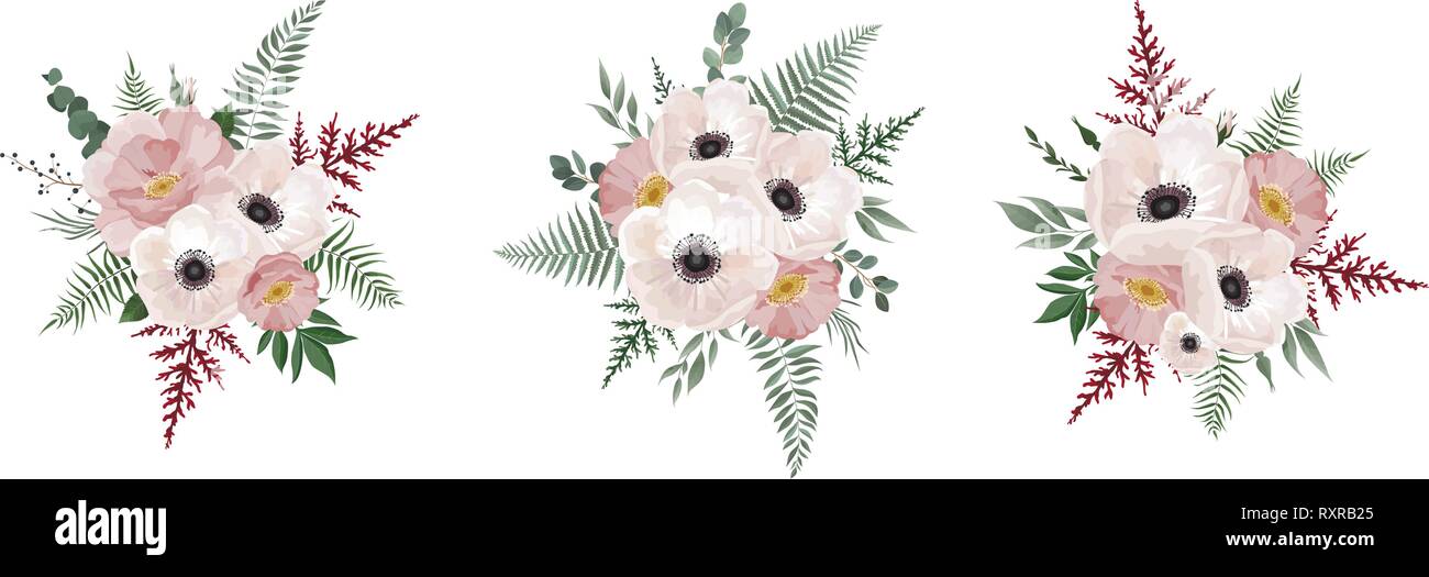 Vektor floralen Bouquet design Anemone, Eukalyptus- branche. Hochzeit Vektor Karte Aquarell designer Element Set einladen. Stock Vektor
