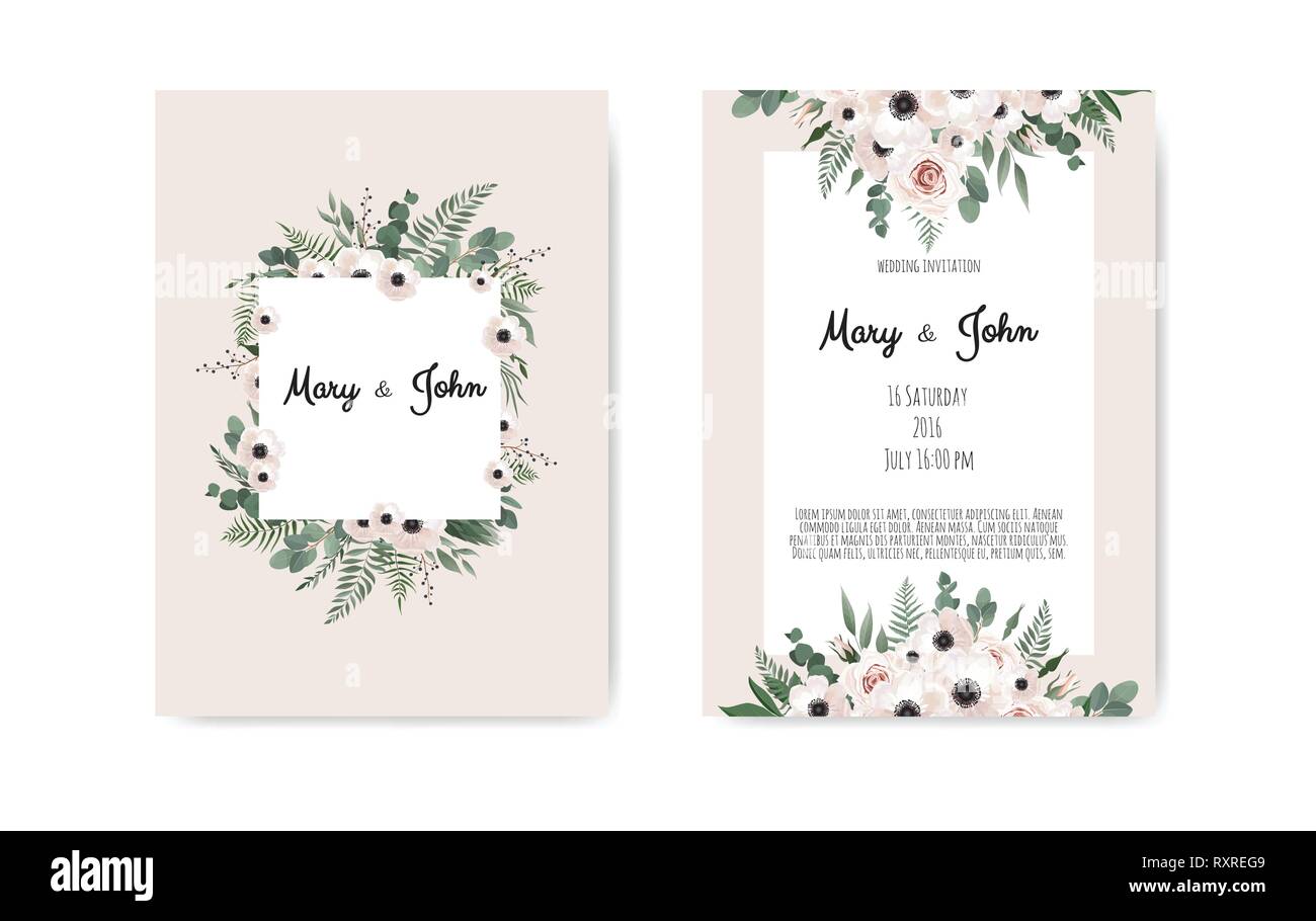 Botanische Hochzeit Einladungskarte Vorlage design, weiß und rosa Blumen auf weißem Hintergrund. Stock Vektor