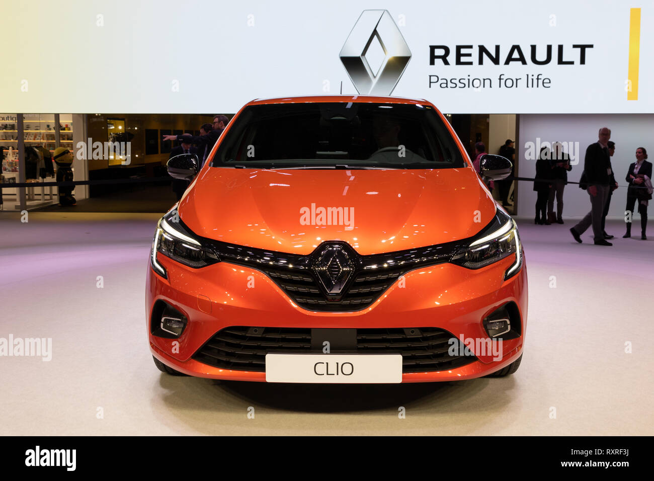 Genf, Schweiz - 6. MÄRZ 2019: Der neue Renault Clio Auto auf dem 89. Internationalen Automobilsalon in Genf präsentiert. Stockfoto