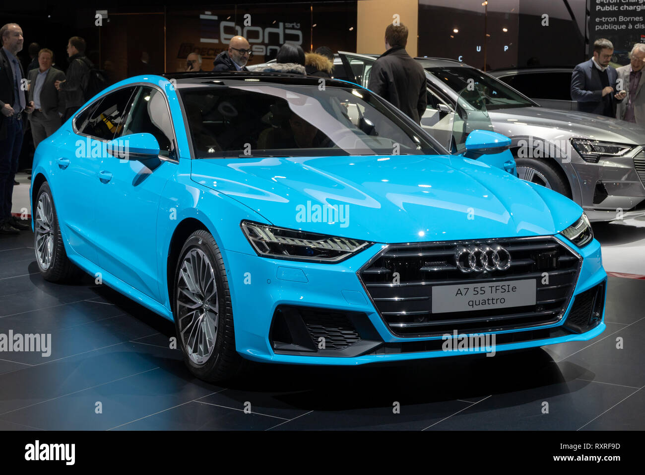 Genf, Schweiz - 6. MÄRZ 2019: Audi A7 Quattro Auto auf dem 89. Internationalen Automobilsalon in Genf präsentiert. Stockfoto