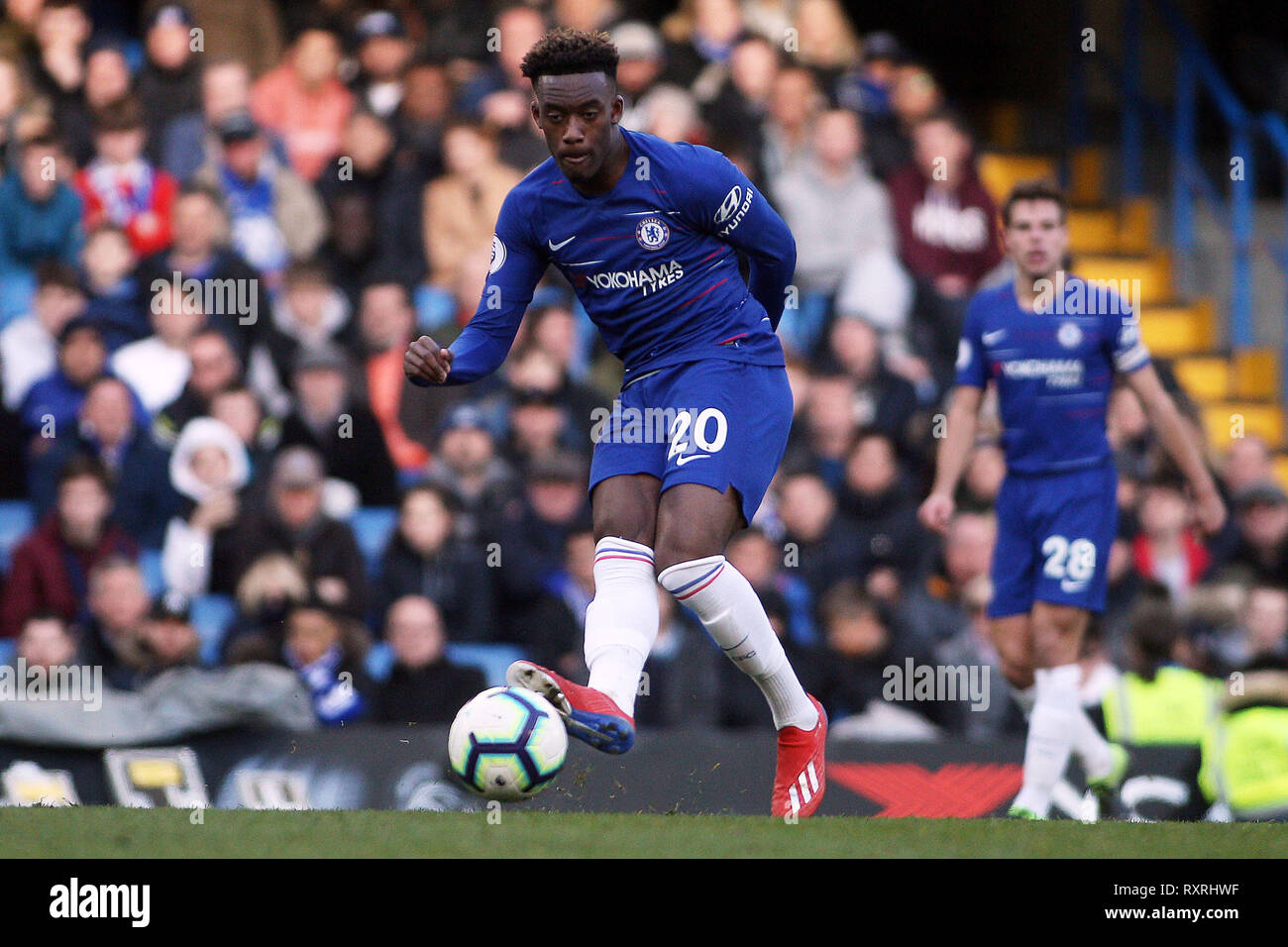 London, Großbritannien. 10. Mär 2019. Callum Hudson-Odoi von Chelsea in Aktion. Premier League match, Chelsea v Wolverhampton Wanderers an der Stamford Bridge in London am Sonntag, den 10. März 2019. Dieses Bild dürfen nur für redaktionelle Zwecke verwendet werden. Nur die redaktionelle Nutzung, eine Lizenz für die gewerbliche Nutzung erforderlich. Keine Verwendung in Wetten, Spiele oder einer einzelnen Verein/Liga/player Publikationen. pic von Steffan Bowen/Andrew Orchard sport Fotografie/Alamy leben Nachrichten Stockfoto