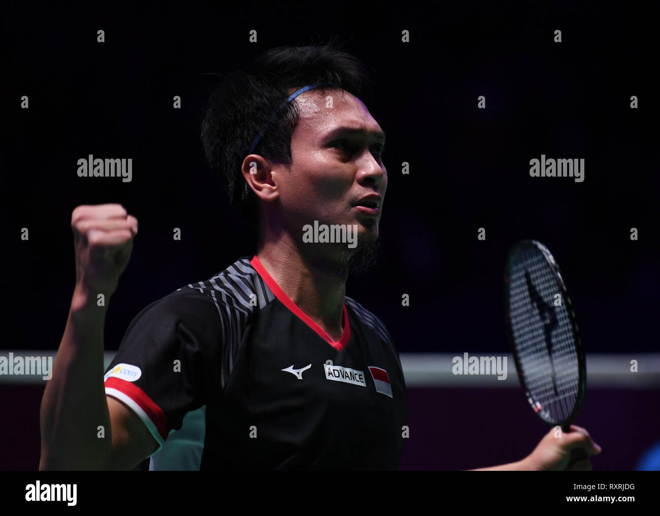 Arena Birmingham, Birmingham, UK. 10 Mär, 2019. Yonex All England Open Badminton Championships, Tag 5; mens Doubles final, Aaron Chia und SOH Wooi Yik von Malaysia versus Mohammad AHSAN und Hendra SETIAWAN von Indonesien; Mohammad AHSAN von Indonesien feiert gewann das Match Credit: Aktion plus Sport/Alamy leben Nachrichten Stockfoto