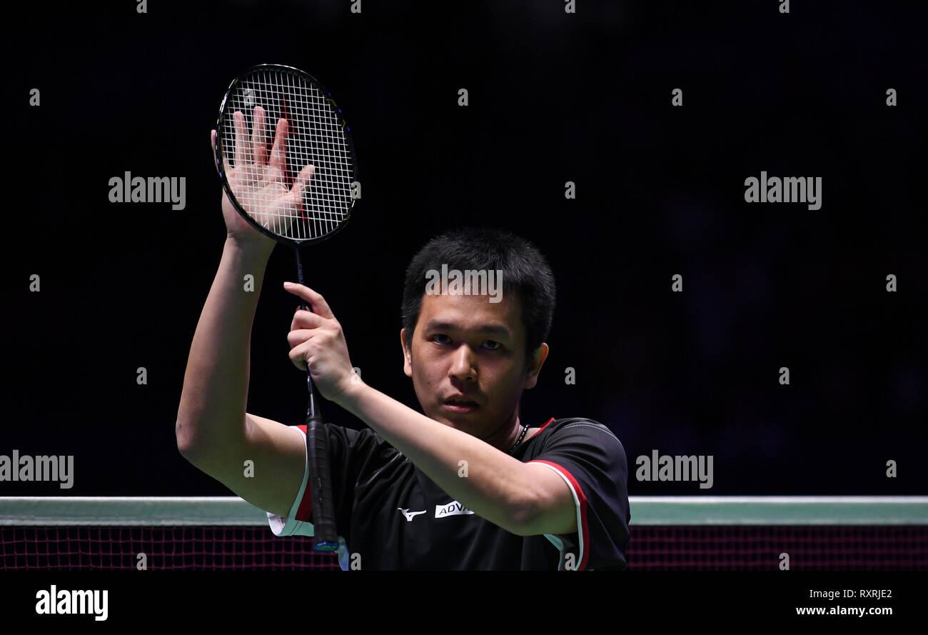 Arena Birmingham, Birmingham, UK. 10 Mär, 2019. Yonex All England Open Badminton Championships, Tag 5; mens Doubles final, Aaron Chia und SOH Wooi Yik von Malaysia versus Mohammad AHSAN und Hendra SETIAWAN von Indonesien; Hendra SETIAWAN Indonesiens feiert gewann das Match Credit: Aktion plus Sport/Alamy leben Nachrichten Stockfoto