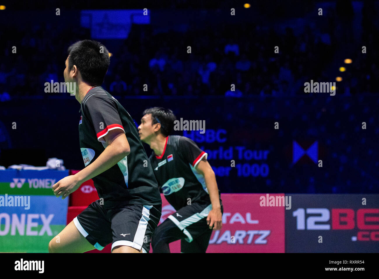 Birmingham, Großbritannien. 10. März, 2019. All England Open Badminton Championships: TAG 5 MENS DOUBLES FINALS BIRMINGHAM, ENGLAND - MÄRZ 10: Mohammad Asan mit Partner Hendra SETIAWAN Indonesiens in Aktion während der mens verdoppelt Finale gegen Aaron Chia mit Partner SOH Wooi Yik von Malaysia in den Yonex All England Open Badminton Championships im Arena Birmingham am März 10, 2019 Birmingham, England Credit: PATRICK ANTHONISZ/Alamy leben Nachrichten Stockfoto