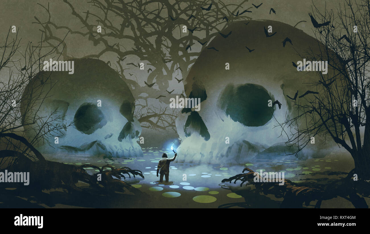 Der Mann mit der magischen Taschenlampe gehen in der haunted Swamp, digital art Stil, Illustration Malerei Stockfoto