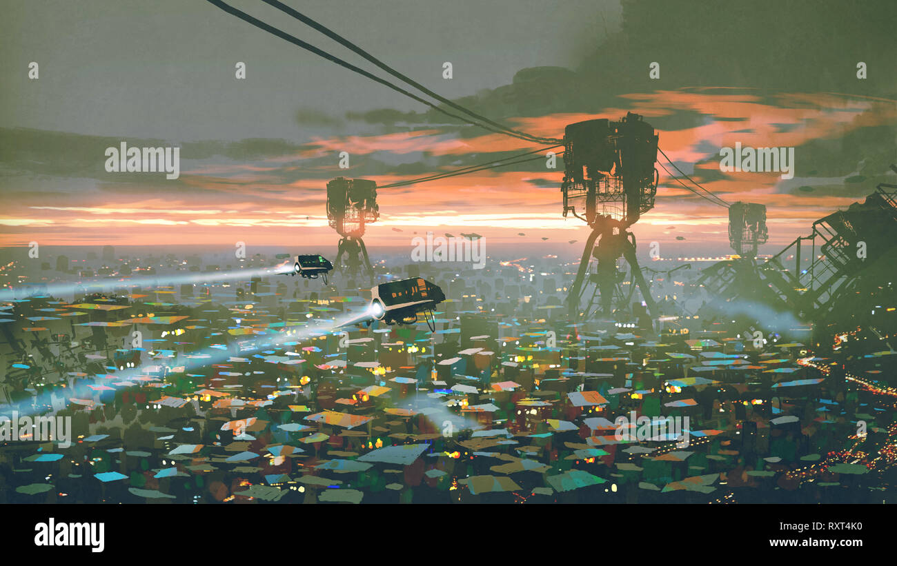 Stadtbild von Slum City in futuristischen Welt, digitale Kunst Stil, Illustration Malerei Stockfoto