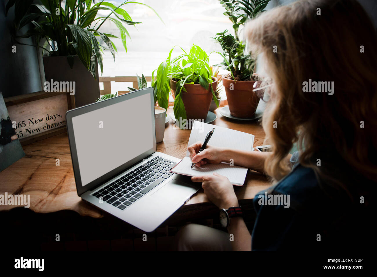 Ein Mädchen in einem Cafe mit einem Laptop funktioniert in einem gemütlichen Ort mit einer Tasse Kaffee, erhält Vergnügen. Das Konzept der freiberuflich Stockfoto