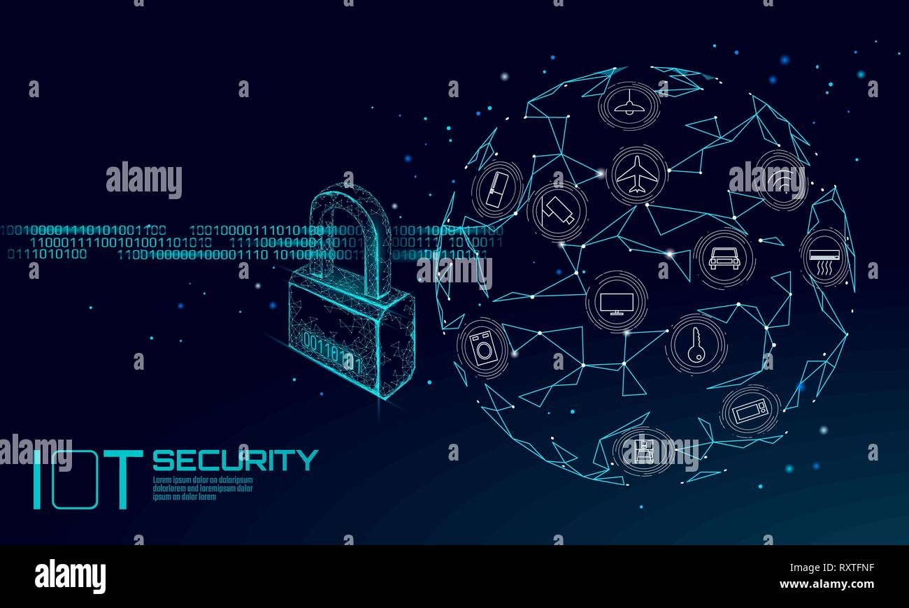 IOT Cyber Security Vorhängeschloss Konzept. Persönliche Daten Sicherheit Internet der Dinge smart home Cyber Attack. Hacker Angriff Gefahr firewall Innovation System Stock Vektor