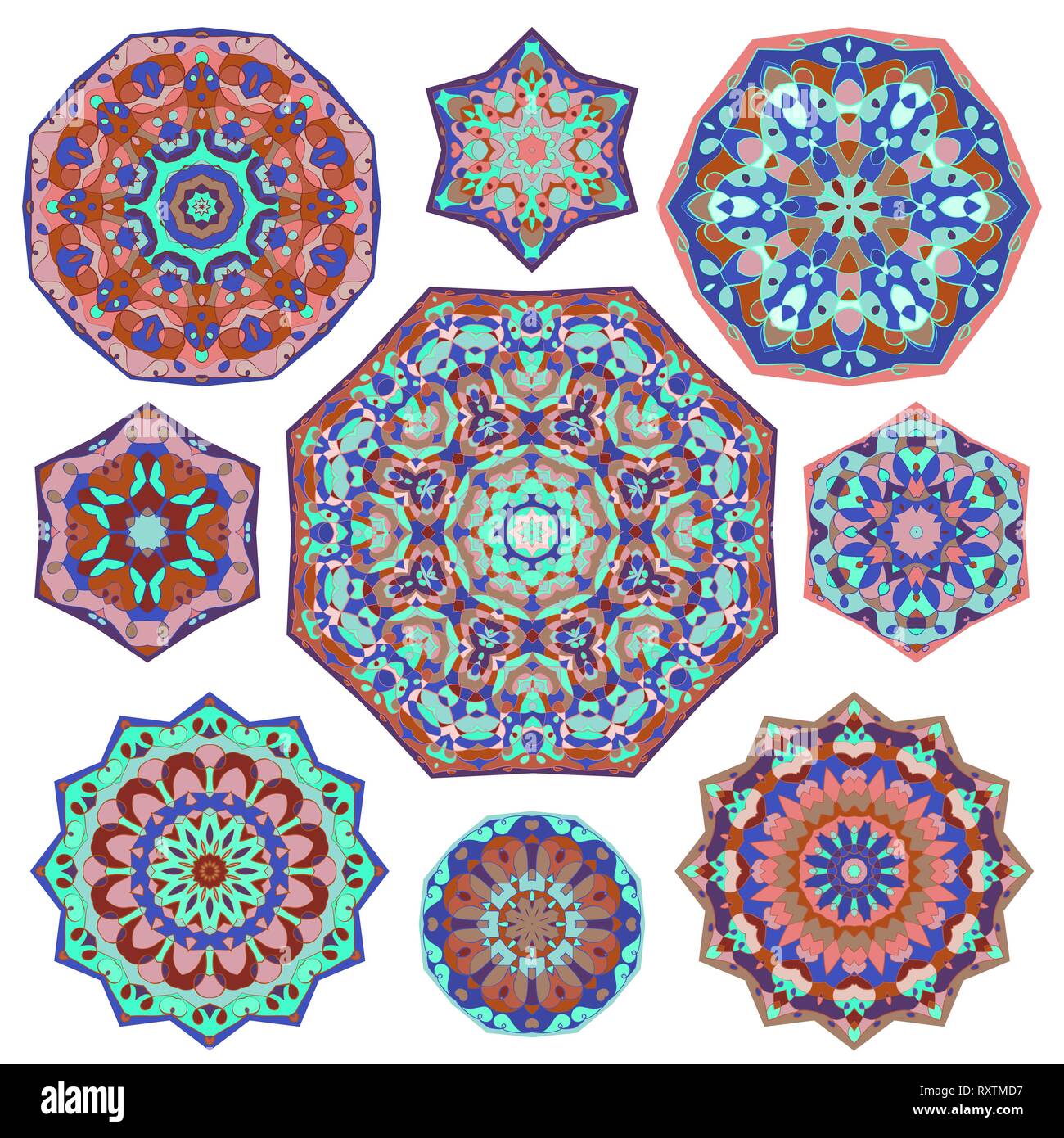 Satz von neun abstrakte kreisförmige Elemente. Runde bunte Mandalas. Grafische Vorlage für Ihr Design. Vector Illustration. Stock Vektor