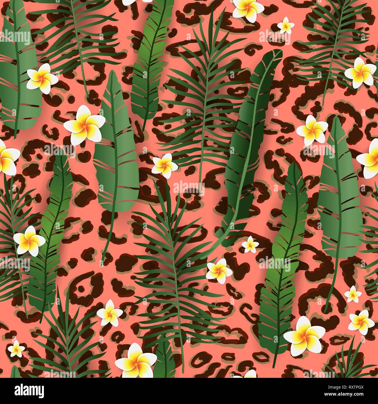 Nahtlose Muster exotische Floral Background. Tropische Blumen und Blätter auf lebende Korallen Kulisse. Cartoon Grün Design für Einladung, Flyer, Plakat oder Karte. Stock Vektor