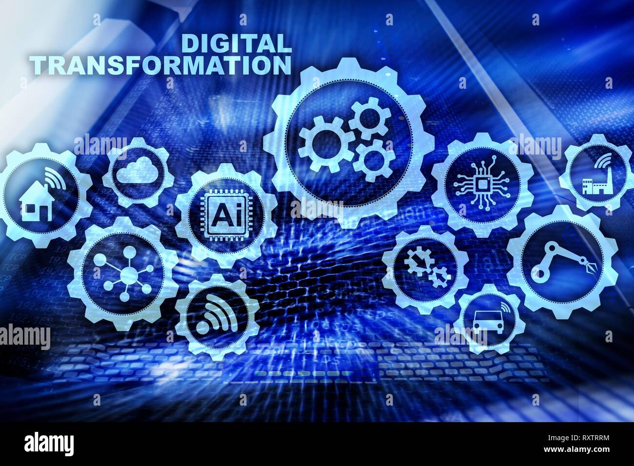 Digitale Transformation Konzept der Digitalisierung von Technology Business Prozesse. Rechenzentrum Hintergrund. Stockfoto