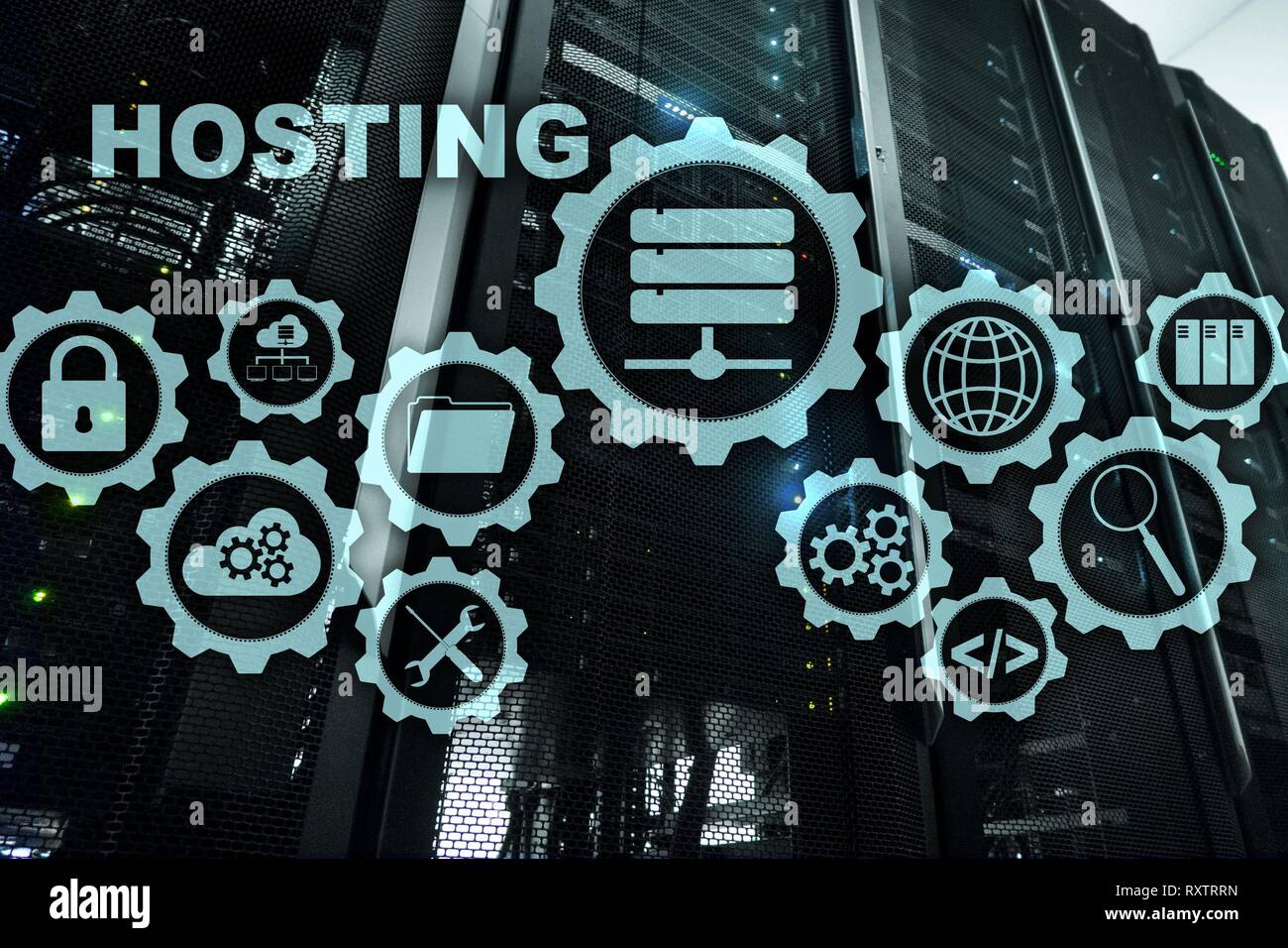 Web Hosting Technik Internet und Netzwerk Konzept. Auf Server zimmer Hintergrund. Virual Bildschirm. Stockfoto