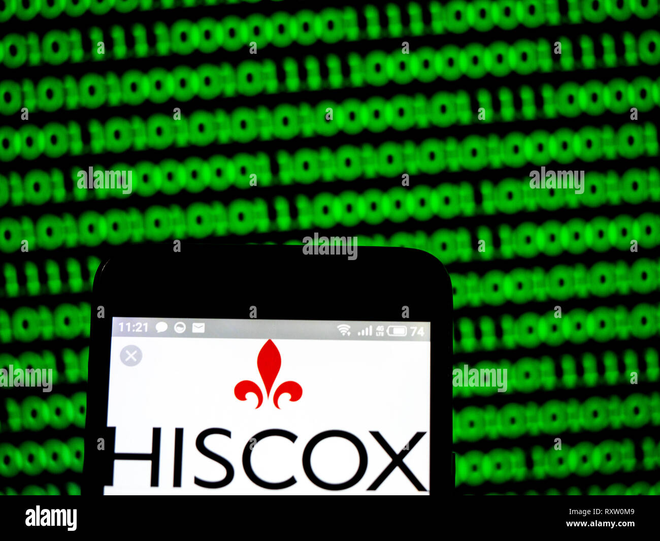 Hiscox plc Firmenlogo auf dem Smartphone angezeigt. Stockfoto