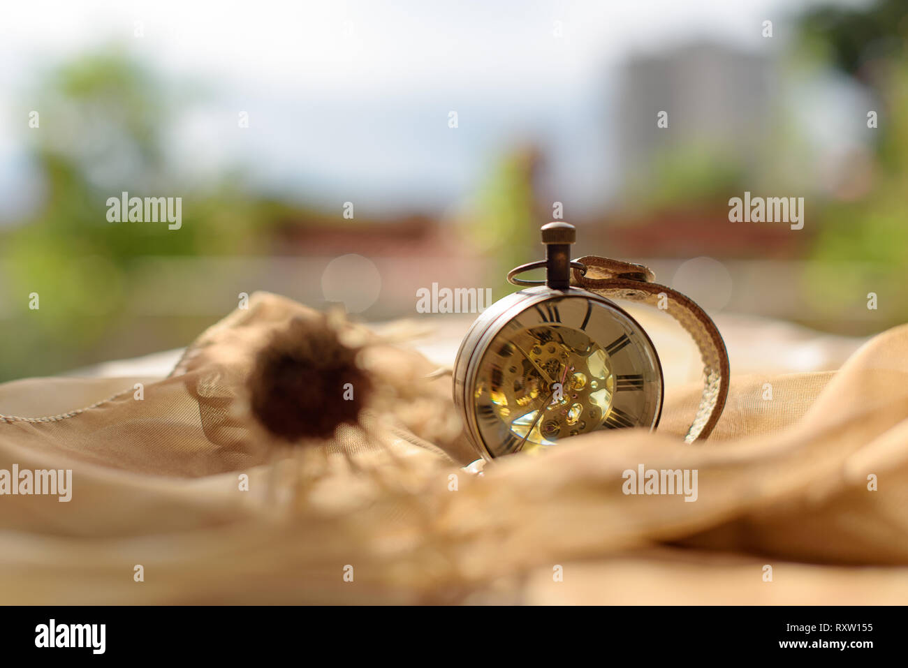 Nahaufnahme einer Weinlese mechanische Uhr auf einem unscharfen Hintergrund, Konzept der Sommerzeit, herbstliche Stillleben Szene Stockfoto