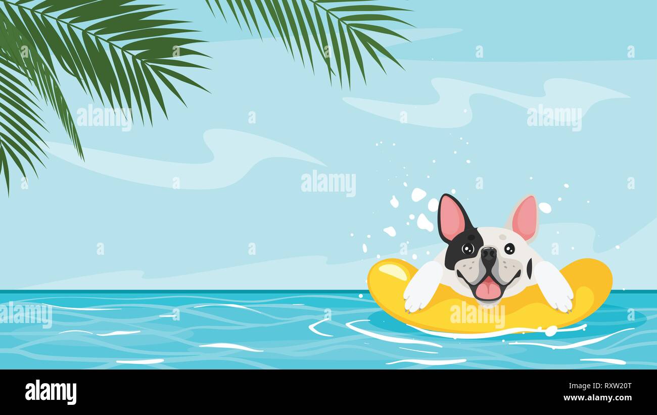 Vektor Cartoon Stil Hintergrund von Meer mit glücklichen Französische Bulldogge floating in einem aufblasbaren Ring. Gute sonnigen Tag. Vector Illustration. Ferienhäuser und trav Stock Vektor