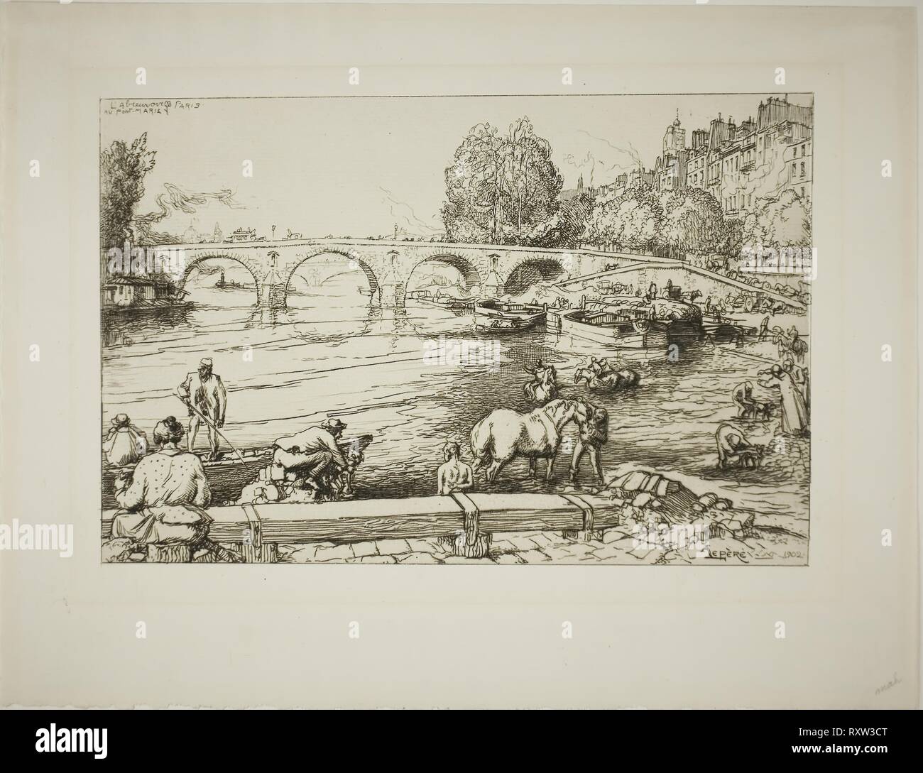 Die Tränke an der Pont Marie. Louis Auguste Lepère; Französisch, 1849-1918. Datum: 1902. Abmessungen: 156 × 236 mm (Bild/Platte); 233 × 303 mm (Blatt). Ätzung auf Creme Bütten. Herkunft: Frankreich. Museum: Das Chicago Art Institute. Stockfoto