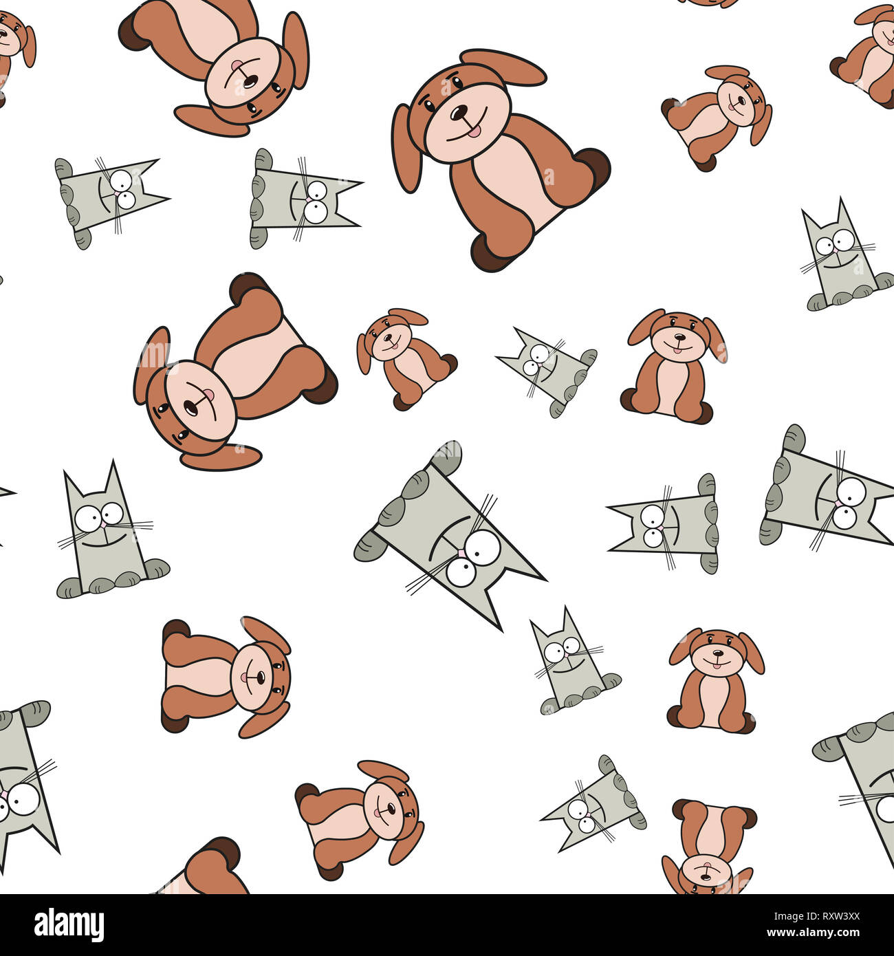 Nahtlose Muster von Katzen und Hunden in im Comic-stil. Auf weißem Hintergrund, Illustration. Stockfoto