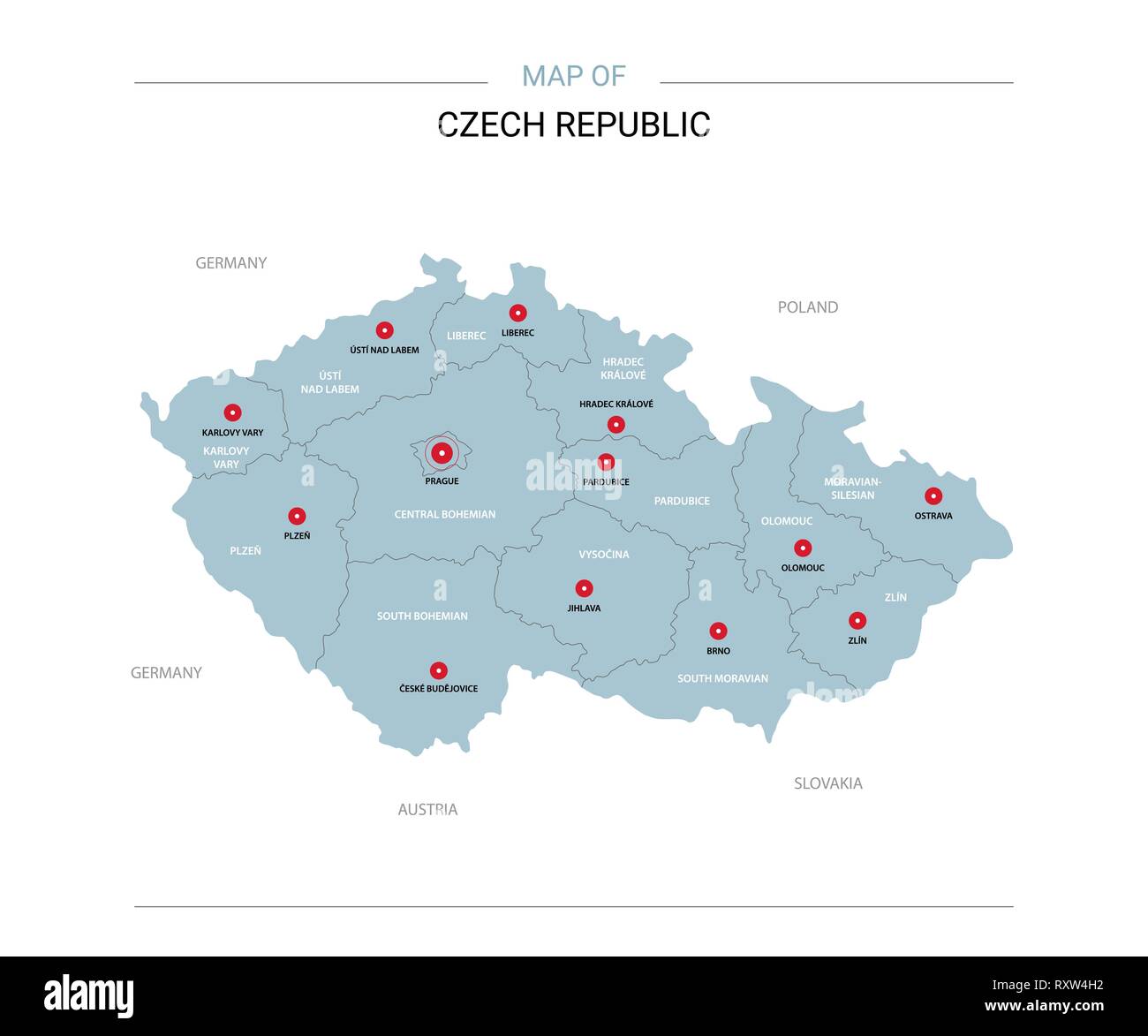 Tschechische Republik Vektorkarte Editierbare Vorlage Mit Regionen Stadte Rote Und Blaue Flache Auf Weissem Hintergrund Stock Vektorgrafik Alamy