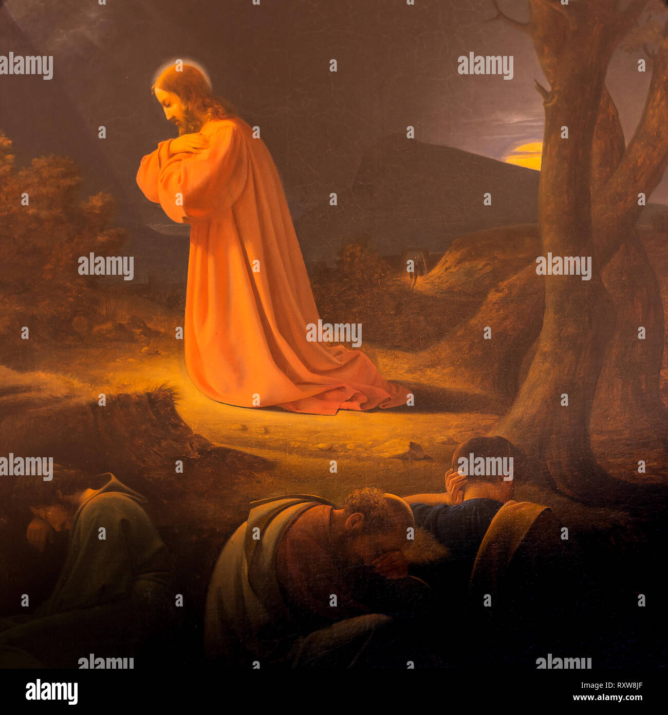 Todesangst im Garten Gethsemane. Jesus und die Apostel Petrus und Johannes und Jakobus. Altarbild von 1839 durch DC Blunck in Frederiksund Kirche, Dänemark, Stockfoto