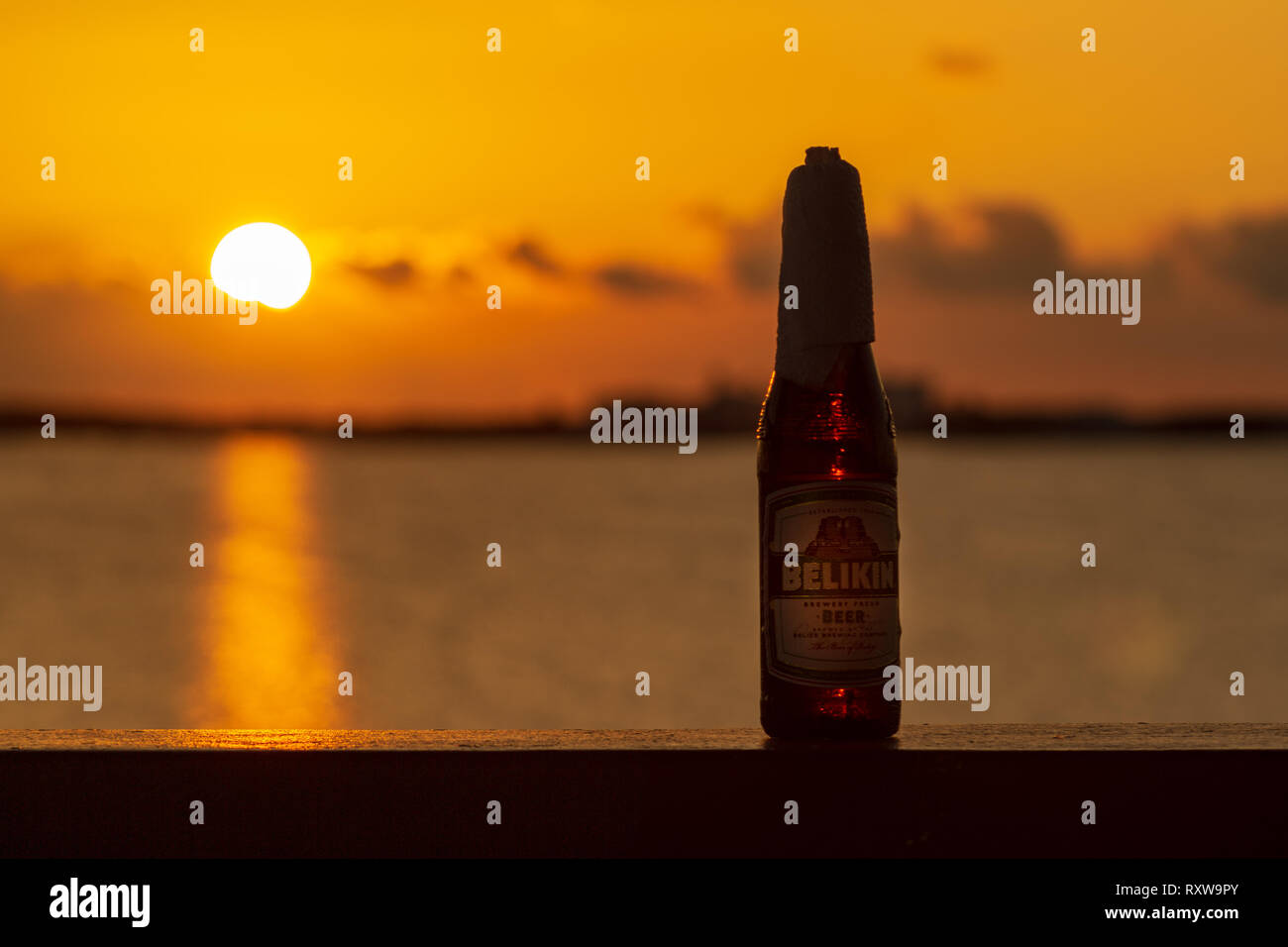 Ein eiskaltes Belikin und eine schöne Ambergris Caye Sonnenuntergang; zwei großartige Dinge über Belize. Belikin ist die größte Brauerei in Belize. Stockfoto