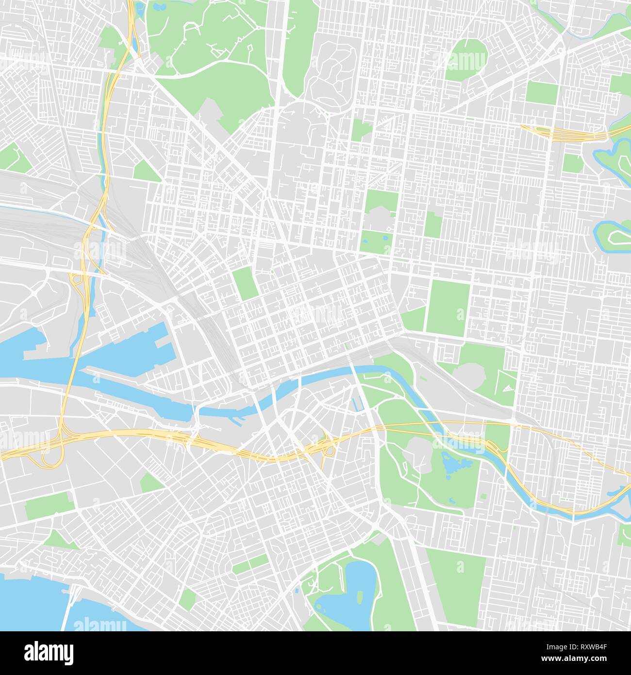 Downtown Vektor Karte von Melbourne, Australien. Diese druckbare Karte von Melbourne enthält Zeilen und klassischen farbigen Formen für die Landmasse, Parks, Wasser, Ma Stock Vektor