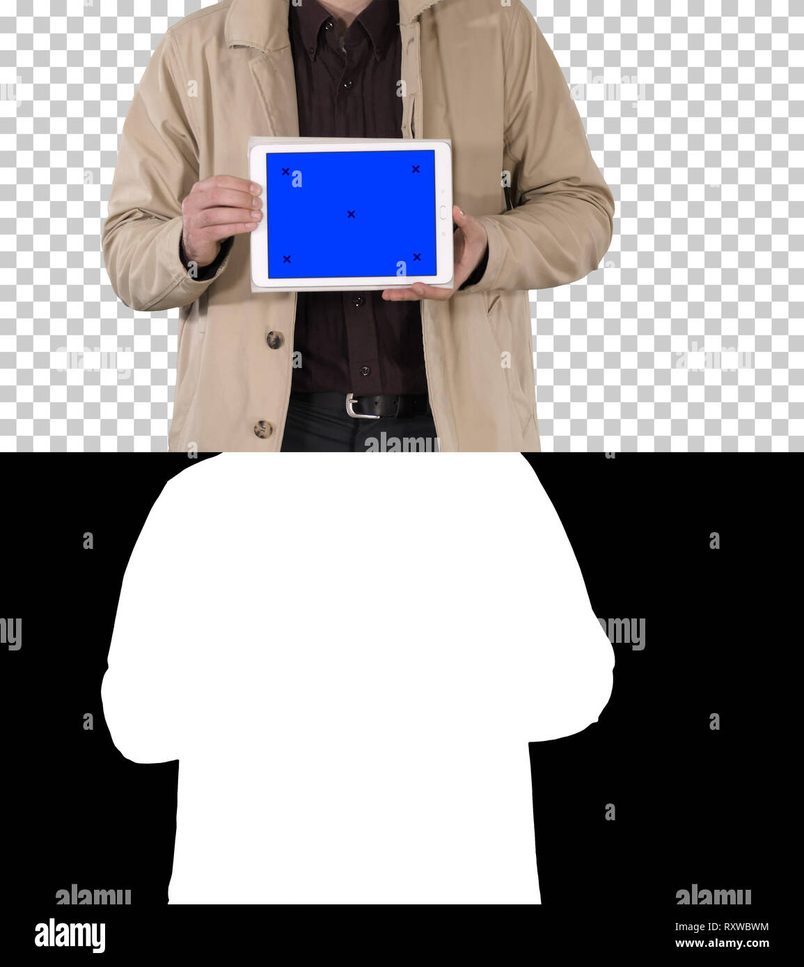 Männliche Hände, die Tablette mit Blue screen Mockup, Alpha Kanal Stockfoto