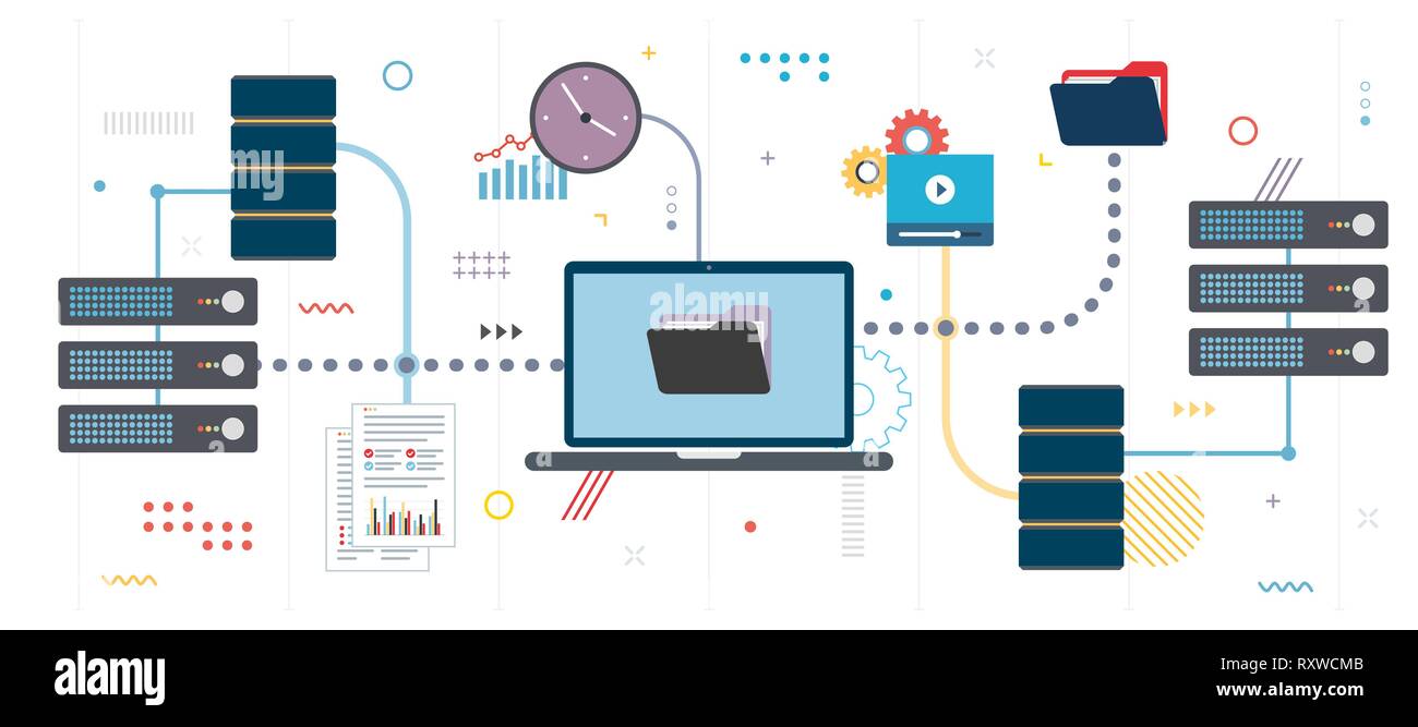 Übertragen von Daten Netzwerk Dokumente und Daten zu sichern. File Sharing, freigegebene Daten und Dokumente in flachen Design für Web Banner Vorlage oder infografik in vec Stock Vektor