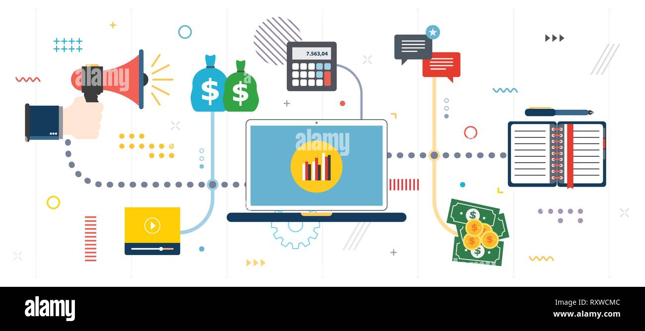 Kommunikation, Business und Finanzen. Business Konferenz zu planen. Strategie Kommunikation für Wachstum und neue Investitionen. In flachen Design für Web Template Stock Vektor