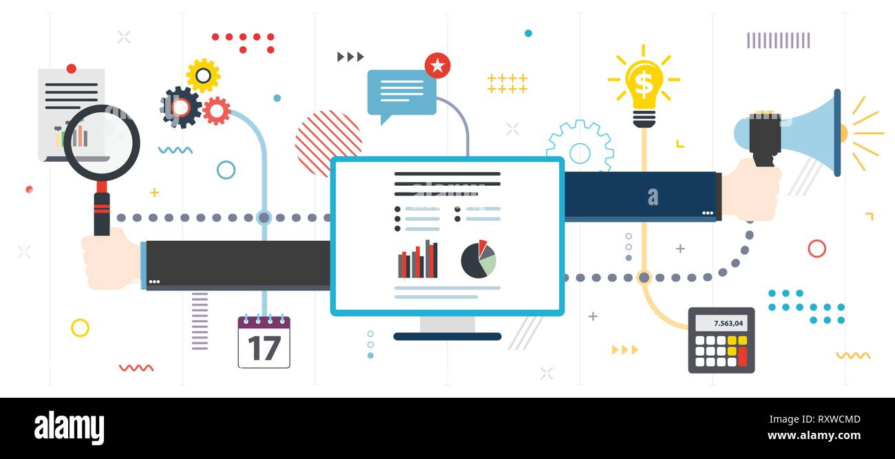 Business, Kommunikation und Wachstum Bericht. Idee und Strategie Kommunikation für Wachstum und neue Investitionen. Vorlage im flachen Design für Web Banner oder i Stock Vektor