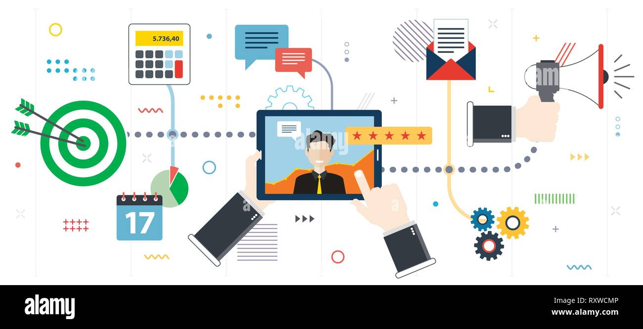 Kundenberichte, Bewertung und Feedback Financial. Bewertung der finanziellen Unterstützung, Beratung Investment. In flachen Design für Web Banner o Vorlage Stock Vektor