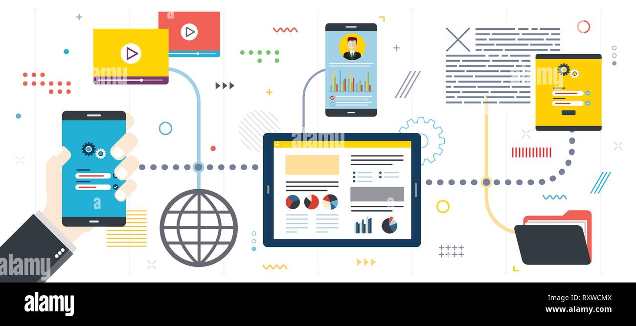 Sicherheit Analyse und Projektmanagement. Performance Analyse, Smartphone mit Daten, der Entwicklungen. in flachen Design für Web Banner Vorlage Stock Vektor