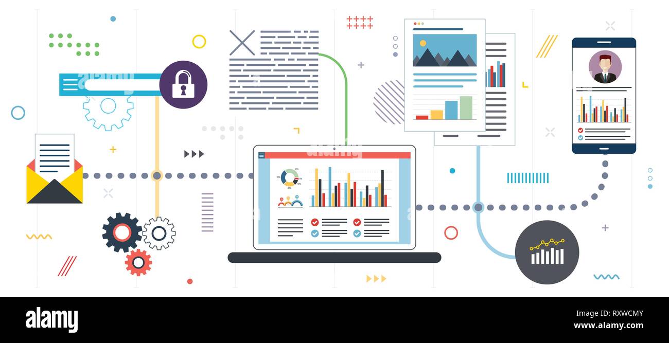 Projekt Management und Application Analyse. Performance Analyse, Smartphone mit Daten, der Entwicklungen. In flachen Design für Web verbot Vorlage Stock Vektor