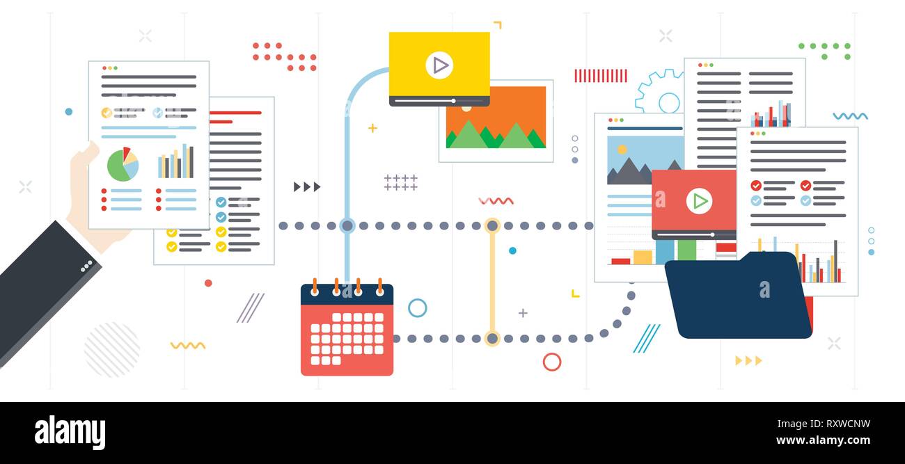 Geschäftliche Unterlagen, Daten, Video und Foto. Hände mit Datenblätter in der Analyse. Vertrag Signatur. Flaches Design für Web Verbot Stock Vektor