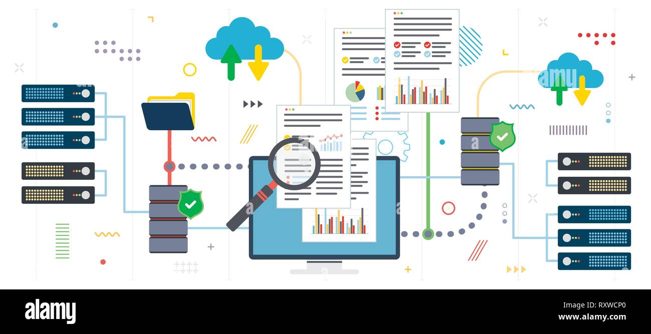 Big Datenanalyse und Cloud Computing. Laptop Zugriff auf Daten von Cloud Computer. Daten, Netzwerk und Business Intelligence. Flaches Design für Web Banner Stock Vektor