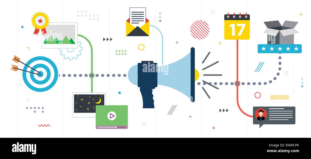 Werbung und Marketing Kommunikation Symbole, Planung. Business Marketing, Analyse und Strategie in Social Networks und Social Media. Flach Stock Vektor