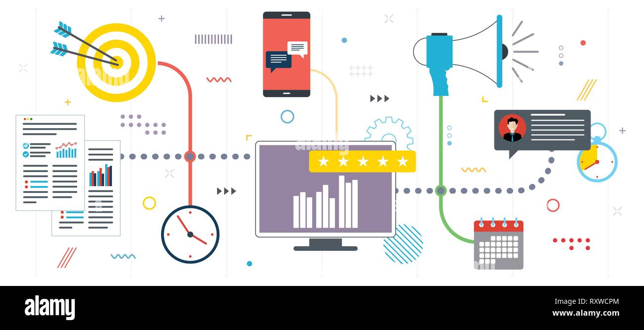 Business Marketing, Analyse und Strategie. Werbung und Marketing Kommunikation Symbole. Soziale Netzwerke und Social Media. Flaches Design für Web Bann Stock Vektor